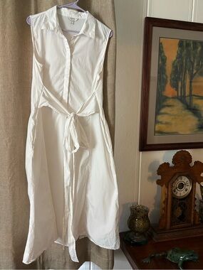 Banana Republic white cotton sleeveless A-line midi dress w sash tie M